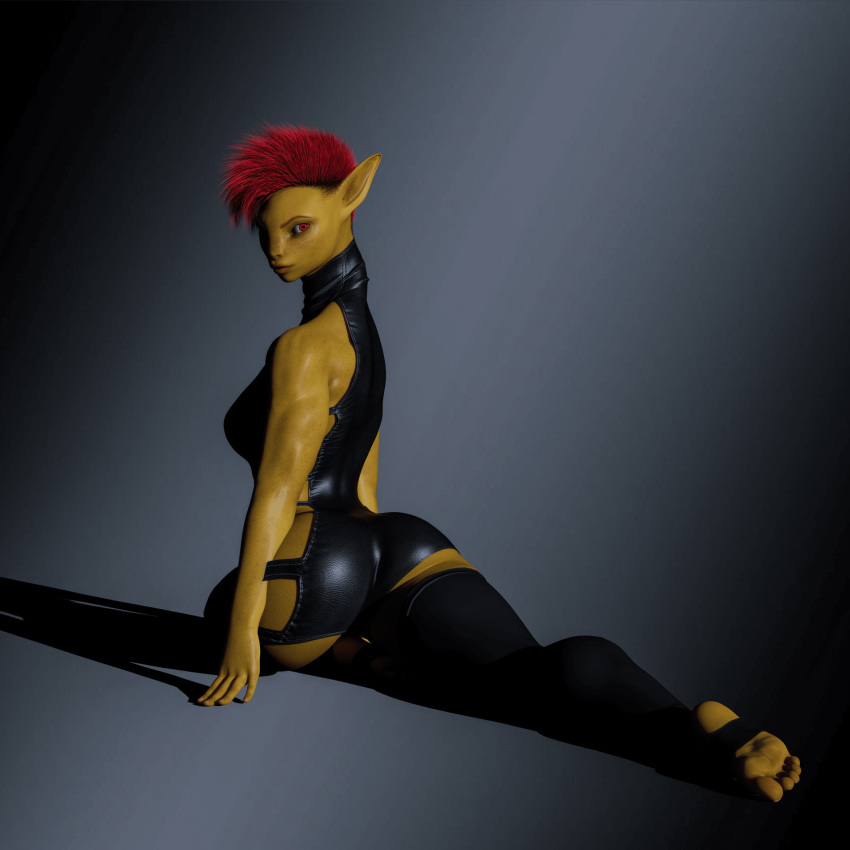 3d_(artwork) alien black_clothing bludergat99 clothing digital_media_(artwork) female hair hi_res humanoid leather leather_clothing looking_at_viewer muscular on_ground red_eyes red_hair seyah_(bludergat99) solo stirrup_stockings yellow_body