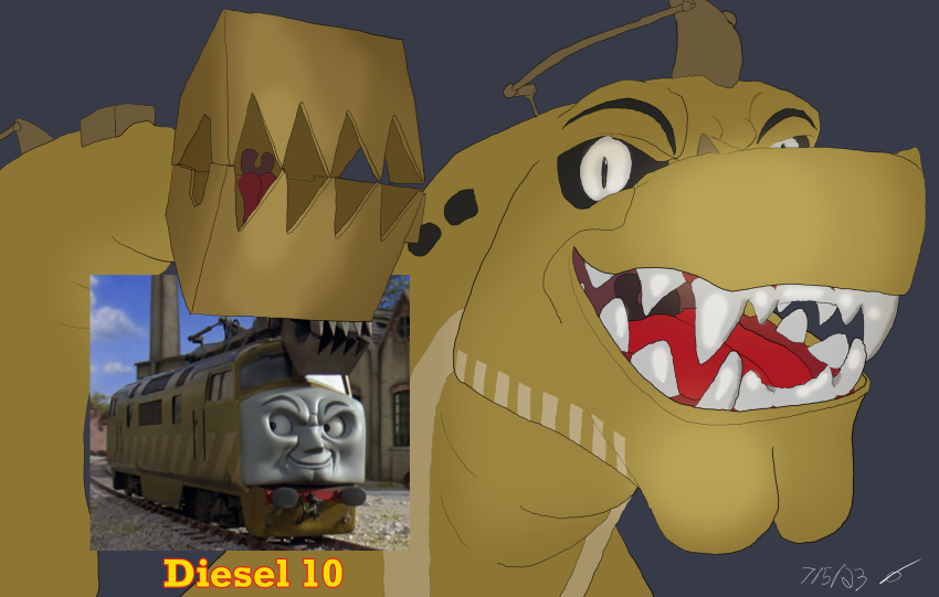 a._l._harrelson absurd_res claws dated diesel_10 diesel_locomotive dragon eyebrows glistening glistening_teeth grey_face hi_res how_to_dragon_your_train living_machine living_train living_vehicle machine male markings mattel open_mouth portrait reptile scalie shaded signature smile solo striped_body striped_markings striped_skin stripes tail tan_body tan_skin tan_tail teeth thomas_and_friends thomas_and_the_magic_railroad_(movie) tongue train vehicle