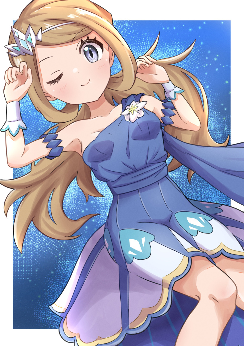 1girl absurdres bare_shoulders blonde_hair blue_dress blush breasts dress grey_eyes hair_ornament highres long_hair looking_at_viewer lying one_eye_closed pokemon pokemon_masters_ex rono_(lethys) serena_(pokemon) sleeveless sleeveless_dress smile solo