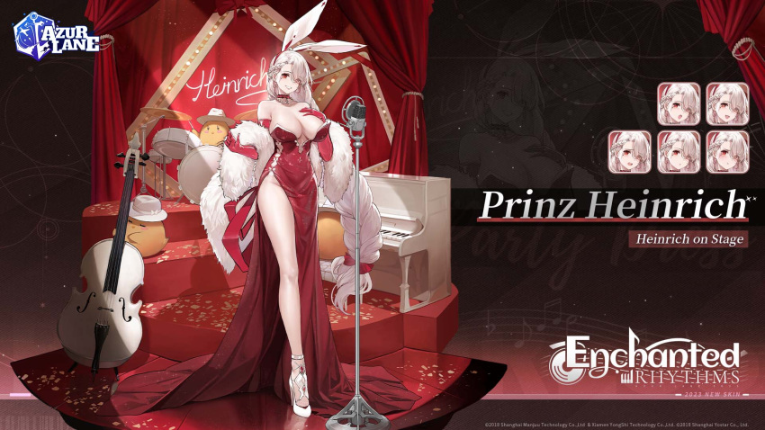 1girl animal_ears azur_lane bare_shoulders bird braid breasts chick cleavage dishwasher1910 dress earrings elbow_gloves expressions fake_animal_ears feather_boa full_body gloves hair_over_one_eye high_heels highres huge_breasts indoors instrument jewelry large_breasts legs long_dress long_hair looking_at_viewer manjuu_(azur_lane) microphone microphone_stand mole mole_under_eye official_alternate_costume parted_lips prinz_heinrich_(azur_lane) prinz_heinrich_(heinrich_on_stage)_(azur_lane) rabbit_ears red_dress red_eyes red_gloves side_slit single_braid smile stage standing strapless thighs very_long_hair white_footwear white_hair