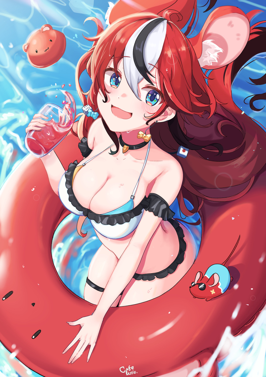 1girl absurdres animal_ears artist_name bikini black_choker blue_eyes bow bow_earrings breasts cafelittle choker cleavage cup drinking_glass earrings frilled_bikini frills from_above hakos_baelz highres hololive hololive_english jewelry large_breasts long_hair mouse_ears mr._squeaks_(hakos_baelz) multicolored_hair red_hair red_innertube smile streaked_hair swimsuit virtual_youtuber water white_bikini