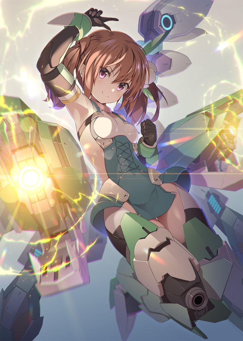 1girl alice_gear_aegis breasts brown_hair closed_mouth commentary_request floating floating_object highres kimikage_yui mecha_musume mechanical_legs medium_hair purple_eyes small_breasts smile solo twintails zb_(dawn-blue)