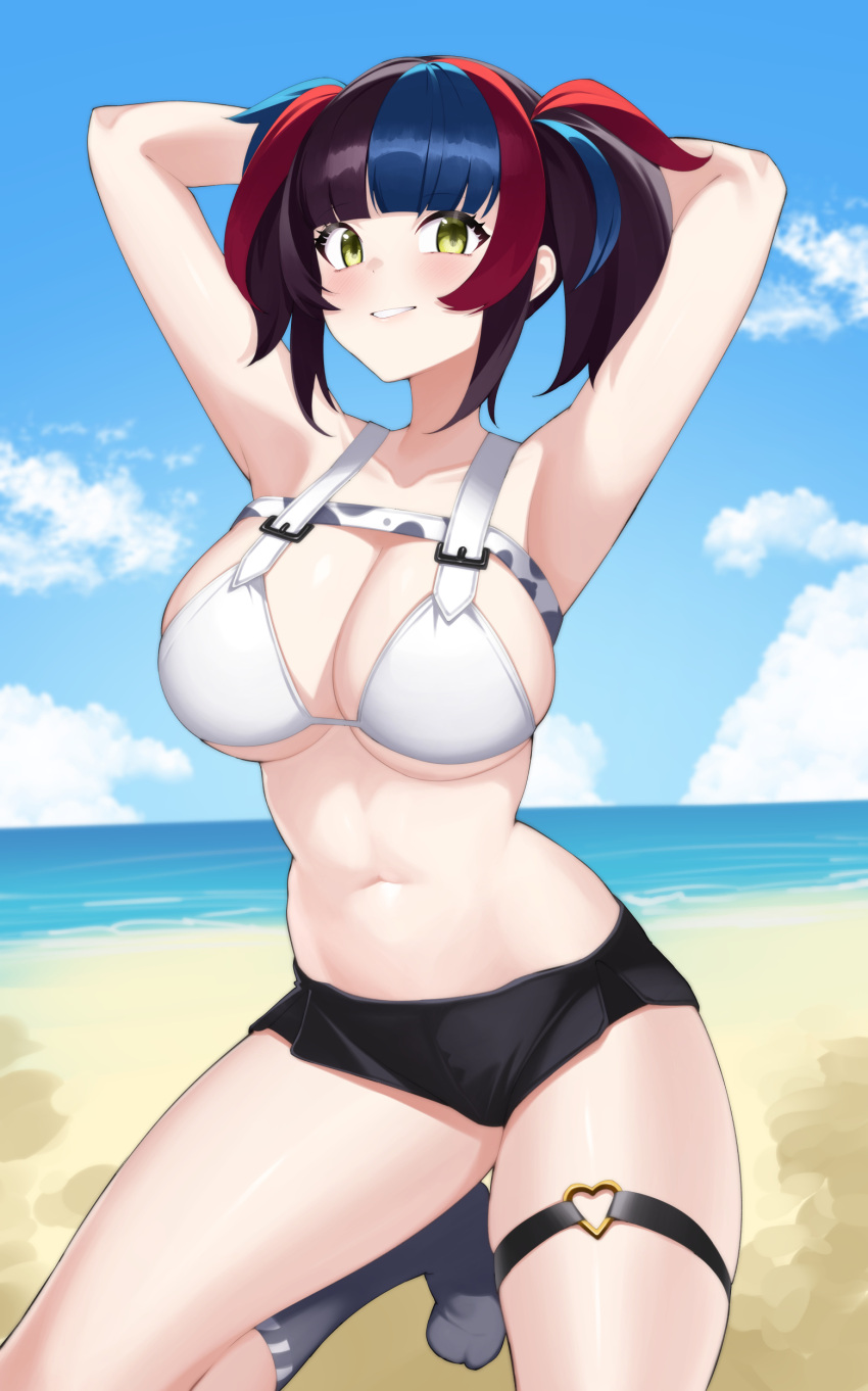 1girl absurdres armpits arms_up bare_shoulders beach bikini black_hair black_shorts blue_hair blue_sky blush breasts cleavage commission fate/grand_order fate_(series) grin highres kneehighs kneeling kurozawa_yui large_breasts long_hair looking_at_viewer looking_to_the_side multicolored_hair navel pixiv_commission red_hair sei_shounagon_(fate) sei_shounagon_(swimsuit_berserker)_(fate) shore short_shorts shorts sidelocks sky smile socks solo swimsuit thigh_strap thighs twintails white_bikini yellow_eyes