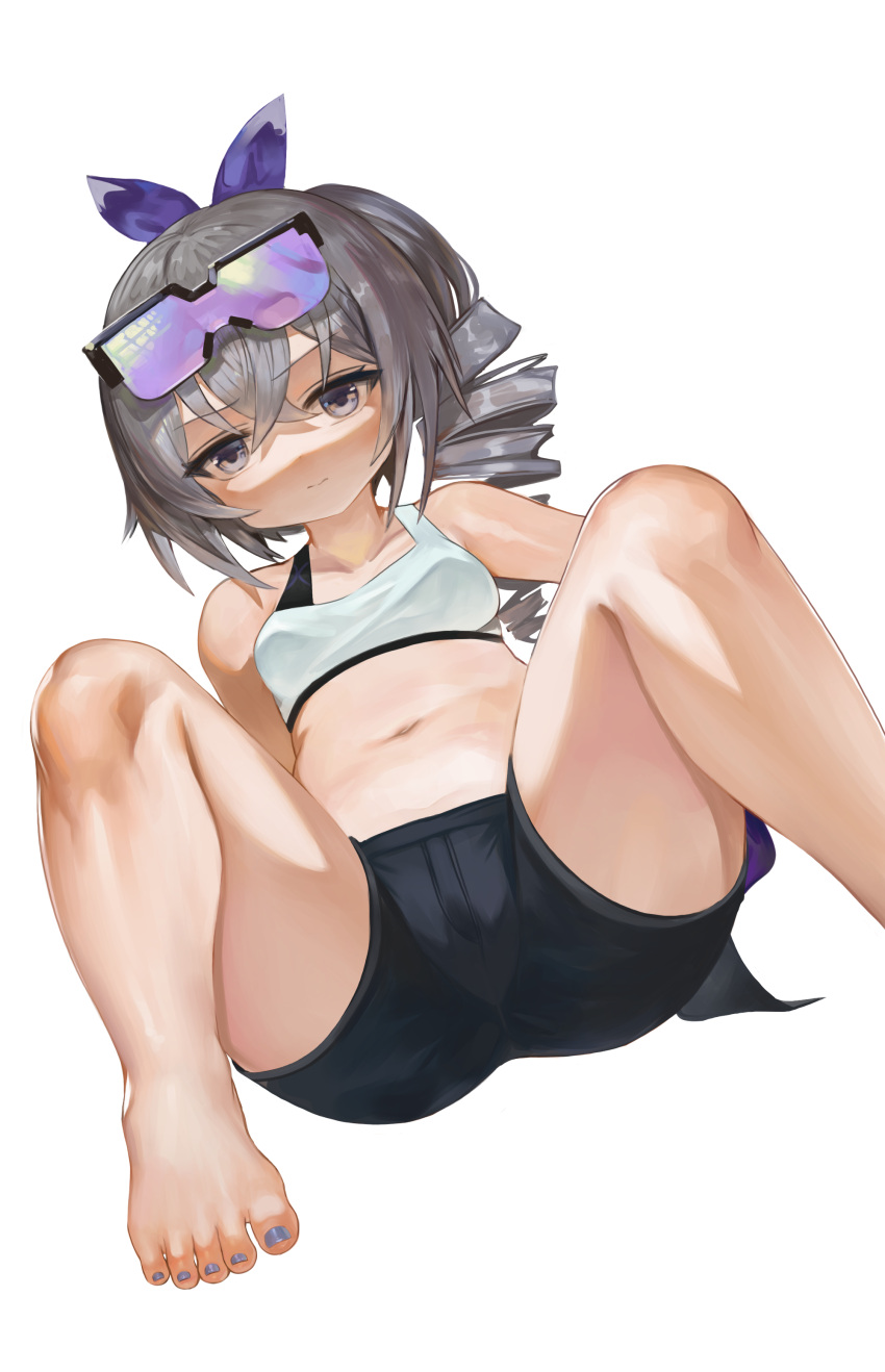 1girl absurdres bare_arms bare_legs bare_shoulders barefoot black_shorts blue_nails breasts closed_mouth collarbone commentary_request dokomon drill_hair dutch_angle feet_out_of_frame grey_eyes grey_hair highres honkai:_star_rail honkai_(series) long_hair looking_at_viewer nail_polish navel short_shorts shorts side_drill side_ponytail silver_wolf_(honkai:_star_rail) simple_background small_breasts solo toenail_polish toenails toes v-shaped_eyebrows white_background