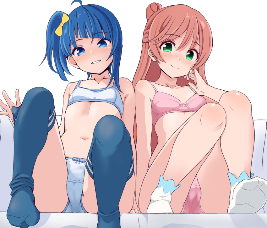 2girls blue_bra blue_eyes blue_hair blue_panties blue_thighhighs bow bra breasts closed_mouth commentary commentary_request green_eyes hair_bow hirogaru_sky!_precure long_hair looking_at_viewer multiple_girls navel nijigaoka_mashiro panties pc_fworks pink_bra pink_panties precure red_hair short_hair side_ponytail simple_background sitting small_breasts smile socks sora_harewataru thighhighs underwear underwear_only white_background white_socks yellow_bow