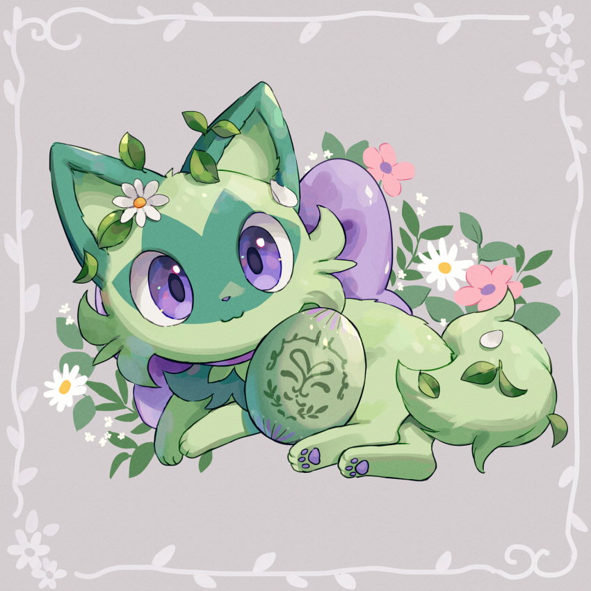 :3 alternate_color closed_mouth commentary_request easter easter_egg egg flower flower_on_head framed full_body grey_background highres kaminokefusa leaf looking_at_viewer no_humans pawpads petals pink_flower plant pokemon pokemon_(creature) purple_eyes shiny_pokemon simple_background smile sprigatito white_flower