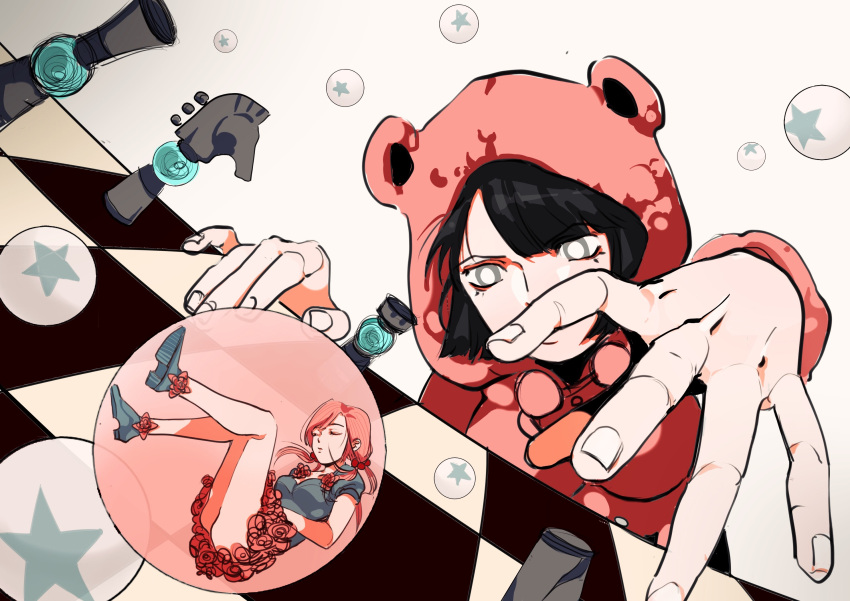 2boys 2girls animal_costume bear_costume black_hair bubble chess_piece chessboard cosplay floating flower_skirt grey_eyes higashikata_daiya highres hirose_yasuho jojo_no_kimyou_na_bouken jojolion kigurumi minigirl multiple_boys multiple_girls pink_hair sleeping ummi_ii