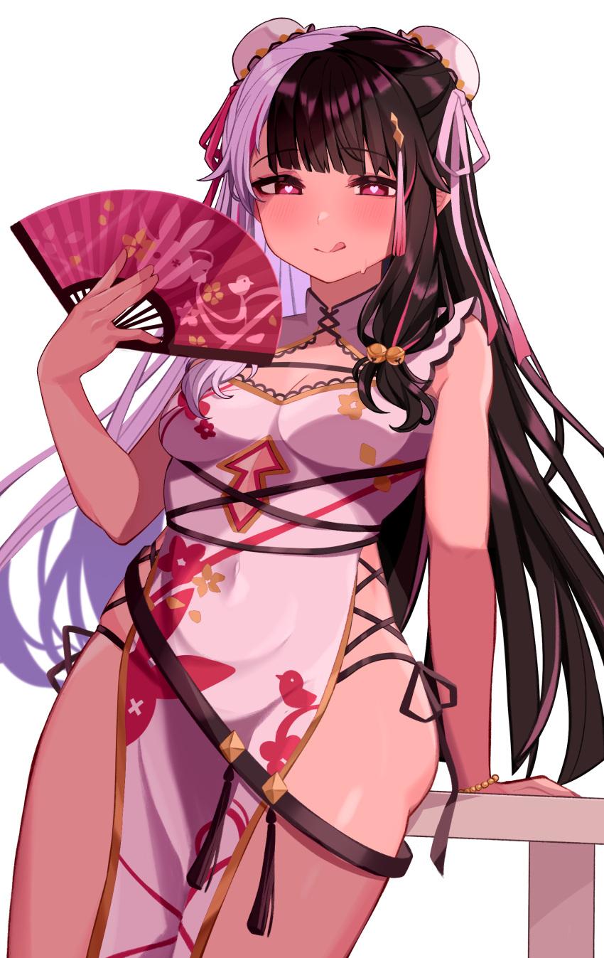 1girl :q absurdres against_table bell black_hair blush breasts bun_cover chest_strap china_dress chinese_clothes cleavage closed_mouth clothing_cutout double_bun dress folding_fan hair_bell hair_bun hair_ornament hand_fan hand_on_table heart heart-shaped_pupils highres holding holding_fan jingle_bell long_hair looking_at_viewer medium_breasts multicolored_hair nagaburo_imoni navel_cutout nijisanji pelvic_curtain print_dress red_eyes simple_background smile solo split-color_hair streaked_hair sweat symbol-shaped_pupils tassel tassel_hair_ornament tongue tongue_out two-tone_hair virtual_youtuber white_background white_dress white_hair yorumi_rena yorumi_rena_(10th_costume)
