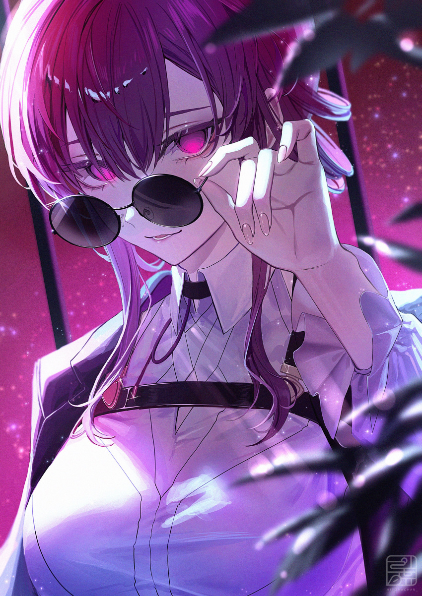 1girl absurdres artist_name black_jacket breasts collared_shirt fingernails hair_between_eyes highres hitohachan honkai:_star_rail honkai_(series) jacket kafka_(honkai:_star_rail) large_breasts leaf light_particles light_smile long_sleeves looking_at_viewer open_mouth purple_eyes purple_hair purple_sky shirt sidelocks sky solo star_(sky) starry_sky sunglasses upper_body watermark white_shirt window