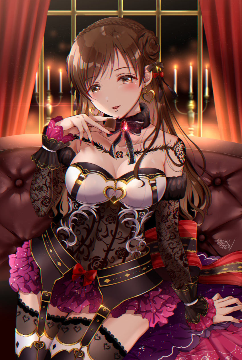 1girl arm_support bare_shoulders black_dress black_thighhighs blush braid breasts brooch brown_eyes brown_hair candle candlelight candlestand chocolate cleavage collarbone couch curtains detached_collar detached_sleeves dress earrings floral_print flower_tattoo food gen_(enji) hair_ornament heart heart_earrings highres holding holding_chocolate holding_food idolmaster idolmaster_cinderella_girls idolmaster_cinderella_girls_starlight_stage indoors jewelry lace-trimmed_sleeves lace_trim large_breasts layered_dress long_hair long_sleeves looking_at_viewer nitta_minami on_couch open_mouth red_nails scrunchie see-through see-through_sleeves signature sitting sleeveless sleeveless_dress smile solo tattoo thighhighs window