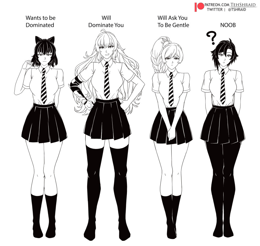 4girls ? absurdres ahoge animal_ears blake_belladonna braid braided_ponytail cat_ears cat_girl english_text full_body highres long_hair looking_at_viewer mechanical_arms monochrome multiple_girls necktie pantyhose patreon_logo patreon_username ruby_rose rwby short_hair short_sleeves simple_background single_mechanical_arm skirt standing tehshraid thighhighs twitter_username weiss_schnee white_background yang_xiao_long