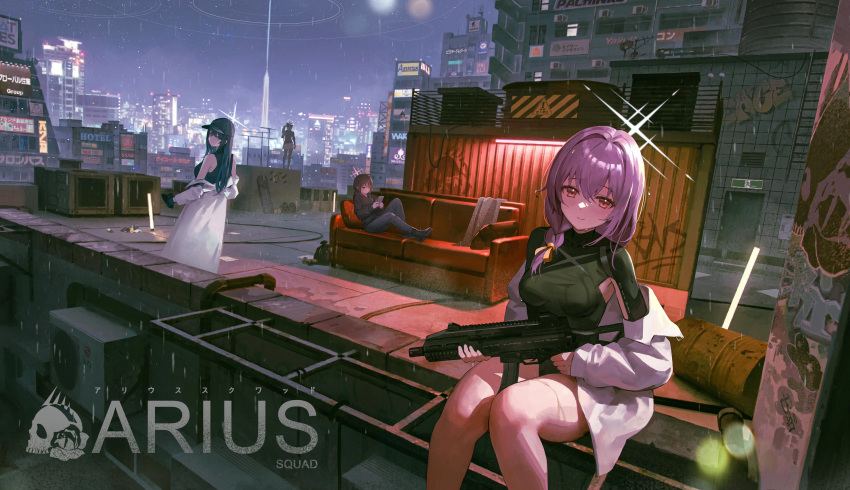 4girls absurdres armpit_cutout atsuko_(blue_archive) black_footwear black_hair black_headwear black_jacket black_shirt blue_archive blue_pants boots breasts building character_request check_character cityscape closed_mouth clothing_cutout commentary couch graffiti gun hair_intakes hair_ribbon highres hiyori_(blue_archive) holding holding_gun holding_mask holding_phone holding_weapon ikkia jacket long_hair long_sleeves looking_at_viewer looking_back mask mask_removed misaki_(blue_archive) multiple_girls night orange_ribbon outdoors pants phone rain red_eyes ribbon rooftop saori_(blue_archive) shipping_container shirt sitting sleeveless sleeveless_shirt smile standing urban weapon weapon_request white_jacket
