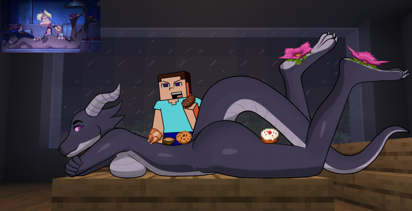 &lt;3 anthro big_breasts big_daddy_(artist) black_body breasts butt captain_laserhawk:_a_blood_dragon_remix cream_and_chocolate_(captain_laserhawk) digital_media_(artwork) dragon duo eating eating_food ender_dragon feet female hi_res horn humanoid jean_(minecraft) looking_back lying male male/female mammal microsoft minecraft mojang netflix nude purple_eyes rayman_(series) reptile scalie size_difference steve_(minecraft) ubisoft xbox_game_studios