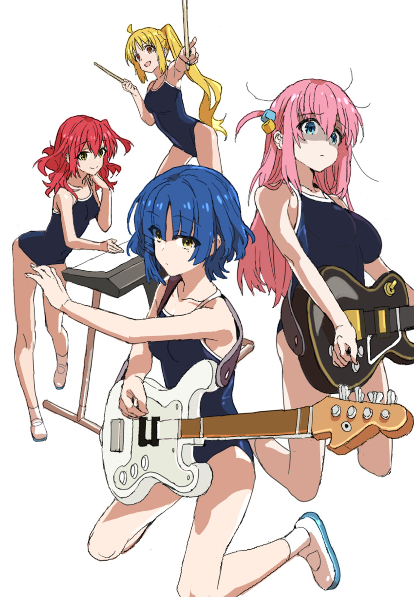 4girls bare_shoulders blonde_hair blue_eyes blue_hair bocchi_the_rock! drumsticks gotou_hitori guitar hair_ornament highres ijichi_nijika instrument keyboard_(instrument) kita_ikuyo kneeling multiple_girls nobita_(makoto7060355) pink_hair red_hair standing swimsuit thighs white_background yamada_ryou yellow_eyes