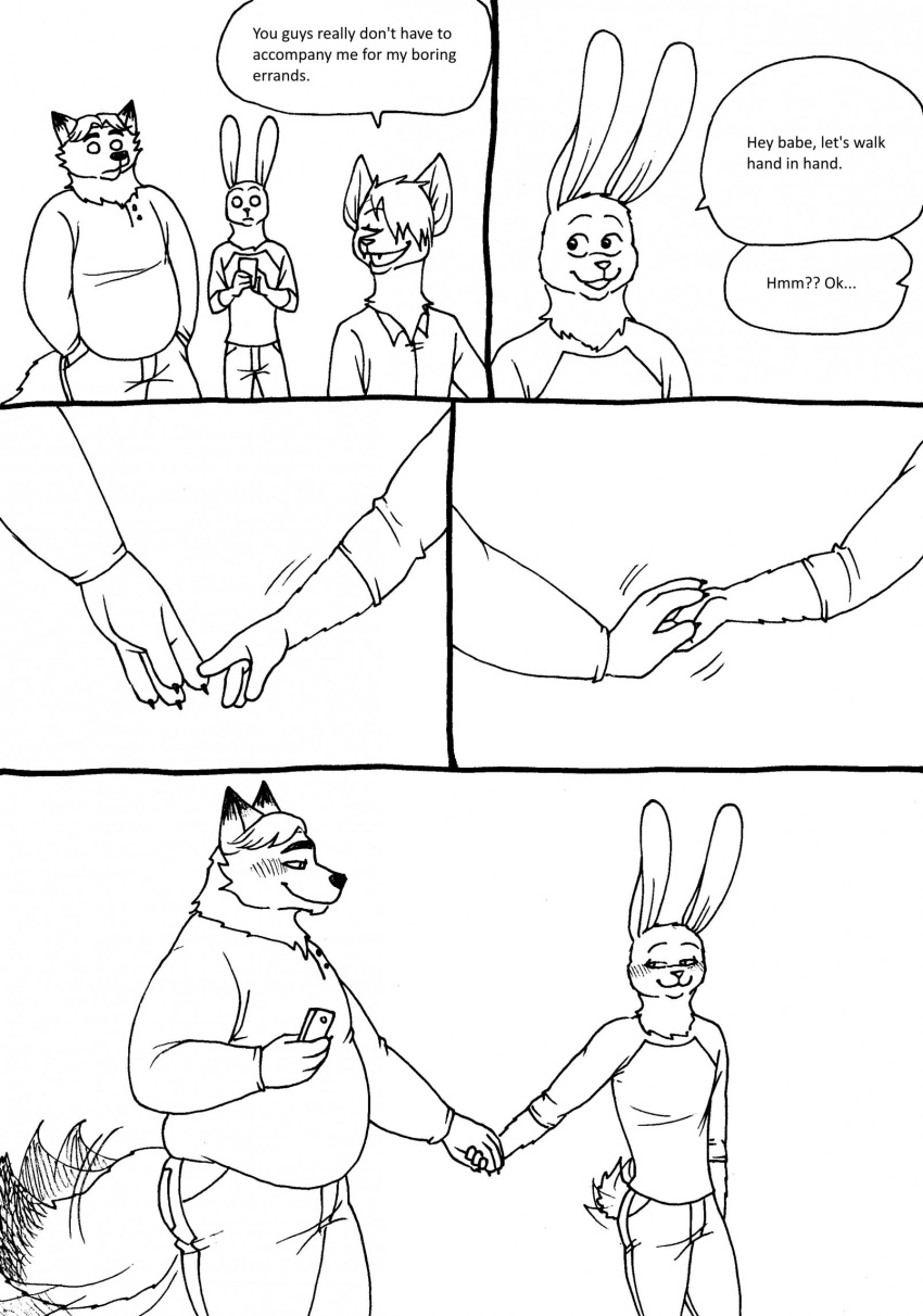 2023 anthro belly bernielover blush bottomwear canid canine cellphone clothing comic dialogue disney english_text fan_character fox gideon_grey hand_holding hi_res lagomorph leporid male mammal monochrome overweight overweight_male pants phone rabbit shirt smartphone tail tail_motion tailwag text topwear zootopia