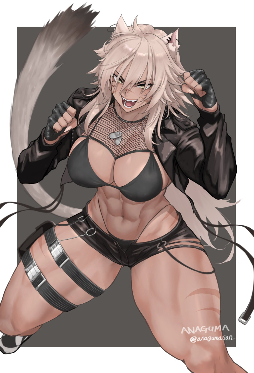 1girl abs anagumasan animal_ears artist_name bikini bikini_under_shorts black_background black_bikini black_gloves black_jacket black_shorts border breasts clenched_teeth commission cropped_jacket dark-skinned_female dark_skin dog_tags ear_piercing english_commentary fangs fingerless_gloves fishnet_top fishnets gloves grey_hair highleg highres jacket large_breasts long_hair looking_at_viewer micro_shorts mole mole_under_eye muscular muscular_female navel o-ring open_fly open_mouth original piercing scar scar_on_cheek scar_on_face scar_on_leg scar_on_nose shorts smile solo stomach swimsuit tail teeth thick_thighs thigh_strap thighs twitter_username very_long_hair white_border white_footwear yellow_eyes