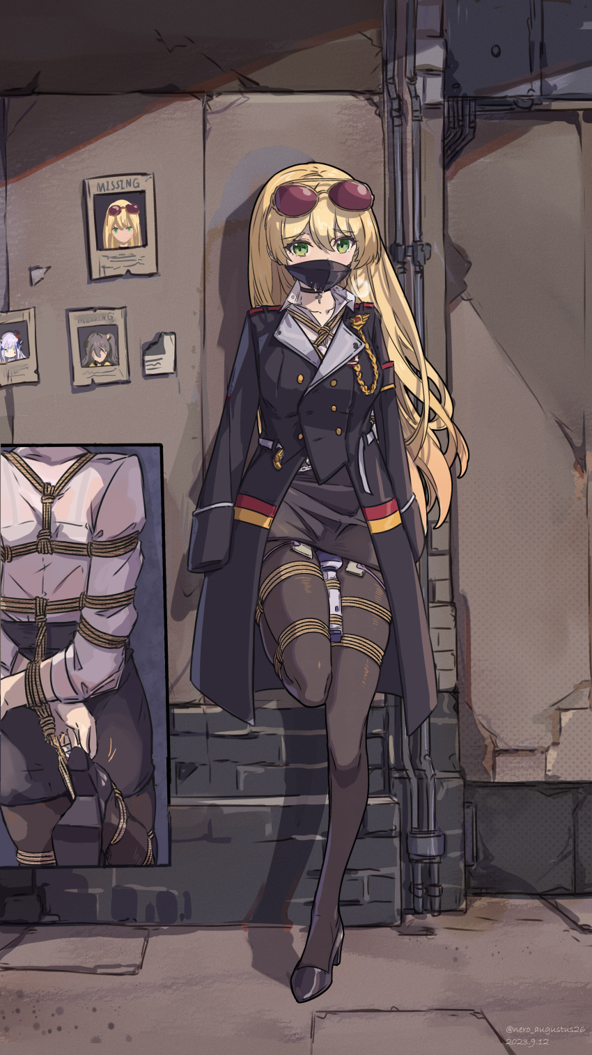 1girl absurdres arms_behind_back bdsm black_footwear black_pantyhose black_skirt blonde_hair bondage bound eyewear_on_head girls'_frontline green_eyes high_heels highres hitachi_magic_wand long_hair long_sleeves mask military_jacket mouth_mask nero_augustus pantyhose restrained saliva sex_toy shibari shibari_over_clothes shirt skindentation skirt solo standing standing_on_one_leg stg44_(girls'_frontline) sunglasses variant_set very_long_hair vibrator white_shirt