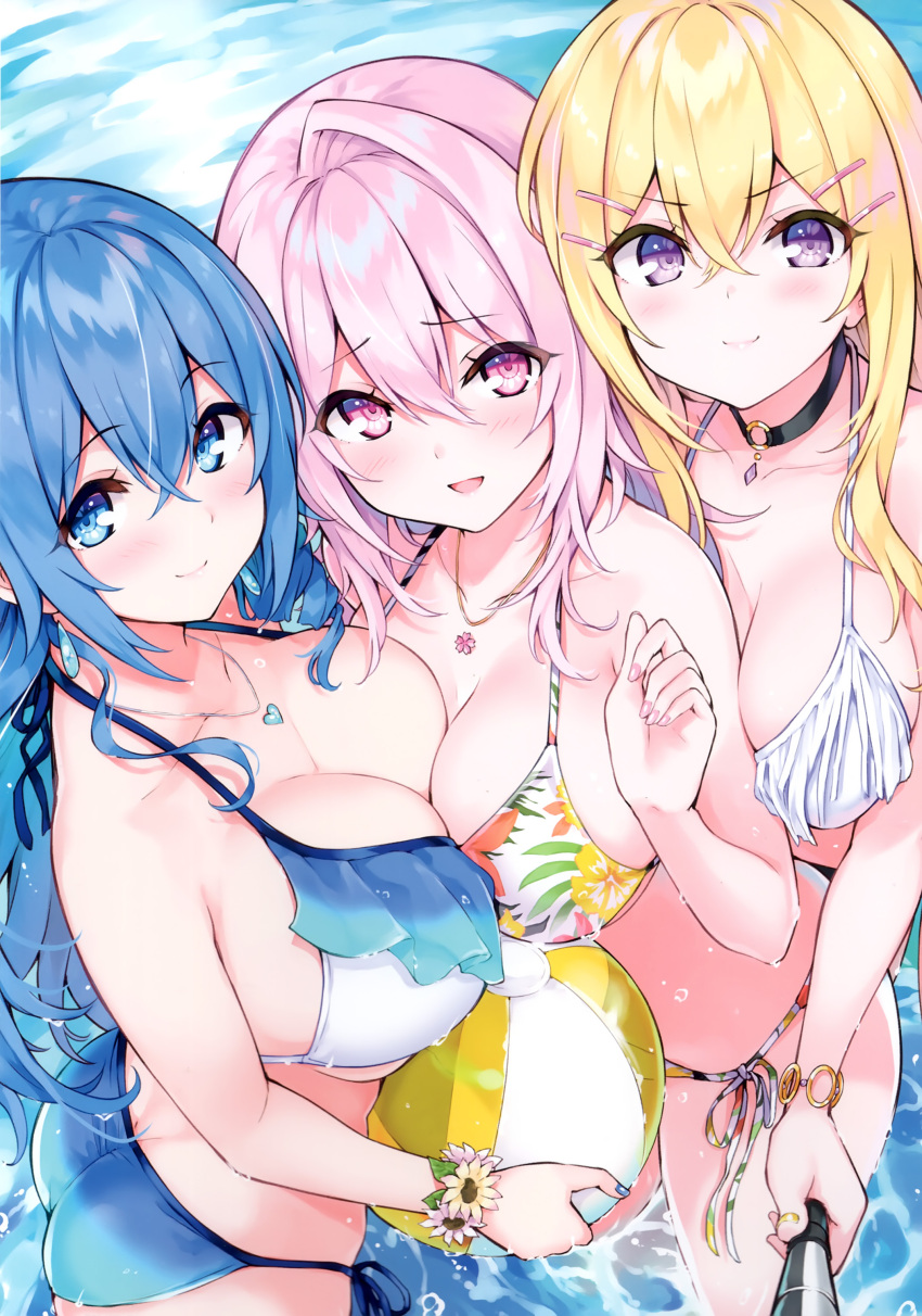 3girls absurdres ass ball bare_shoulders beachball blonde_hair blue_eyes blue_hair blush bracelet breast_press breasts choker cleavage closed_mouth cu-no day hair_ornament hairclip hakurei_botan highres hisen_kaede jewelry kohitsuji_ai large_breasts long_hair looking_at_viewer medium_breasts multiple_girls necklace ocean open_mouth outdoors pink_hair purple_eyes selfie selfie_stick simple_background smile thighs water yayoi_sakura