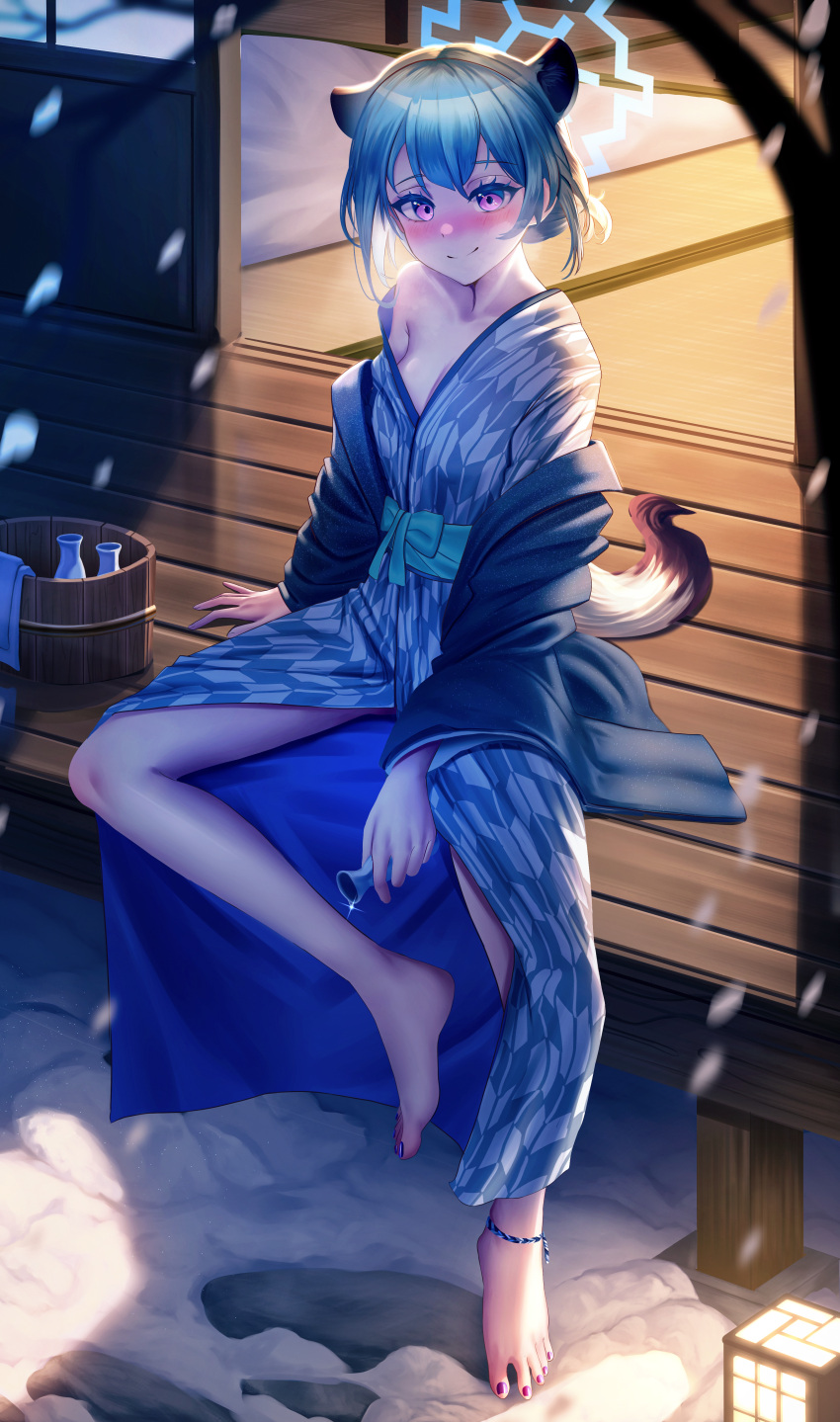 1girl absurdres animal_ears bath_yukata blue_archive blue_halo blush breasts cleavage closed_mouth commentary food fruit green_hair halo highres japanese_clothes kimono long_sleeves manjo_(warito) medium_breasts official_alternate_costume purple_eyes shigure_(blue_archive) shigure_(hot_spring)_(blue_archive) short_hair sitting smile snow solo symbol-only_commentary tail weasel_ears weasel_tail wide_sleeves yukata