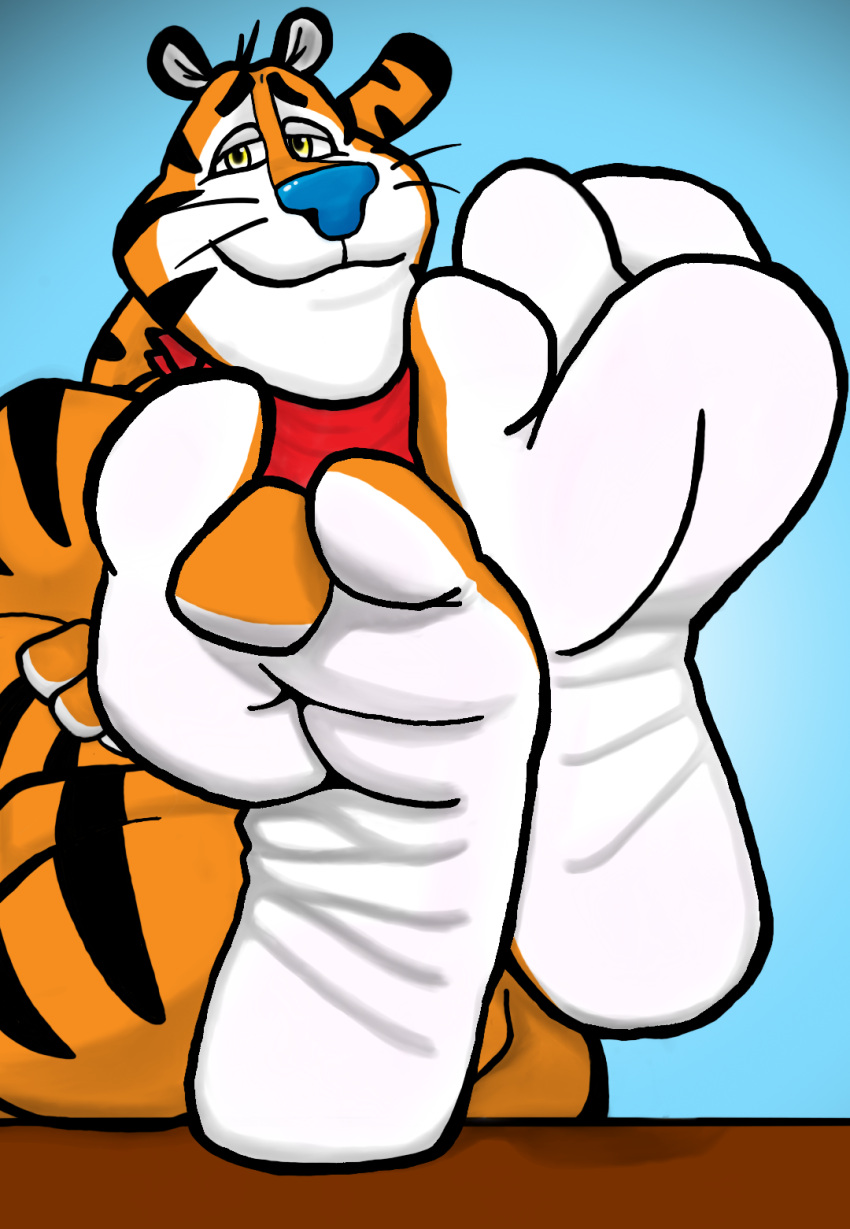 3_toes anthro arched_soles bengal_tiger bettrdoodle big_feet cereal_mascot crossed_ankles crossed_arms crossed_legs eyebrows feet feet_on_table felid foot_fetish foot_focus frosted_flakes fur furniture handkerchief hi_res humanoid kellogg's kerchief looking_at_viewer male male_feet mammal mascot multicolored_body multicolored_fur muscular muscular_anthro muscular_male pantherine raised_eyebrows red_handkerchief red_kerchief simple_background soles solo table teasing_viewer tiger toe_curl toes tony_the_tiger two_tone_body two_tone_feet two_tone_fur wrinkled_feet wrinkled_soles yellow_eyes
