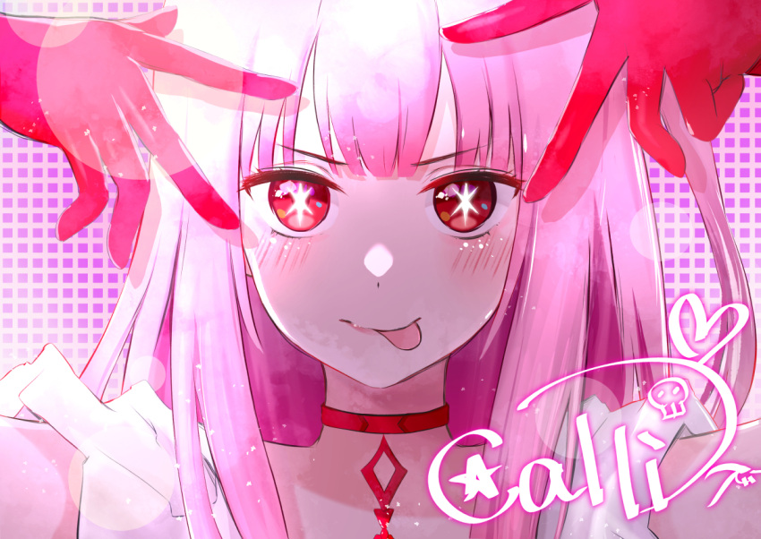 1girl blunt_bangs blush character_signature choker closed_mouth commentary cosplay derivative_work double_w english_commentary freesia_(yueyueycw1) gloves hololive hololive_english hoshino_ai's_pose hoshino_ai_(oshi_no_ko) hoshino_ai_(oshi_no_ko)_(cosplay) lens_flare light_particles long_hair looking_at_viewer mori_calliope one_side_up oshi_no_ko pink_gloves pink_hair portrait red_choker red_eyes shadow sidelocks solo star-shaped_pupils star_(symbol) symbol-shaped_pupils tongue tongue_out virtual_youtuber w