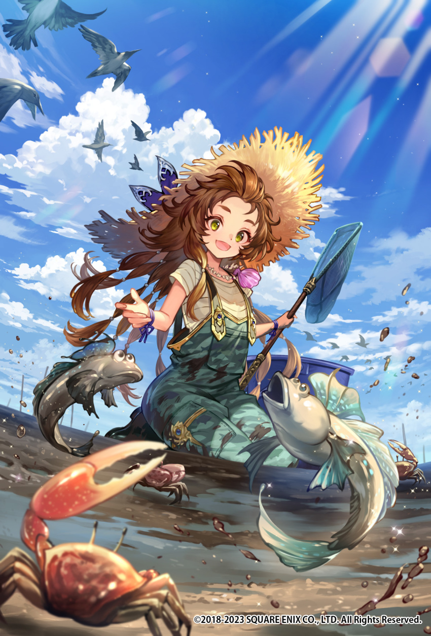 1girl beach beads bird brown_hair bucket cloud dirty dirty_clothes fish fisheye green_eyes hair_beads hair_ornament happy hat highres jewelry kneeling light_rays long_hair mud necklace net open_mouth outdoors overalls romancing_saga_re;universe seashell shell sky smile solo straw_hat water