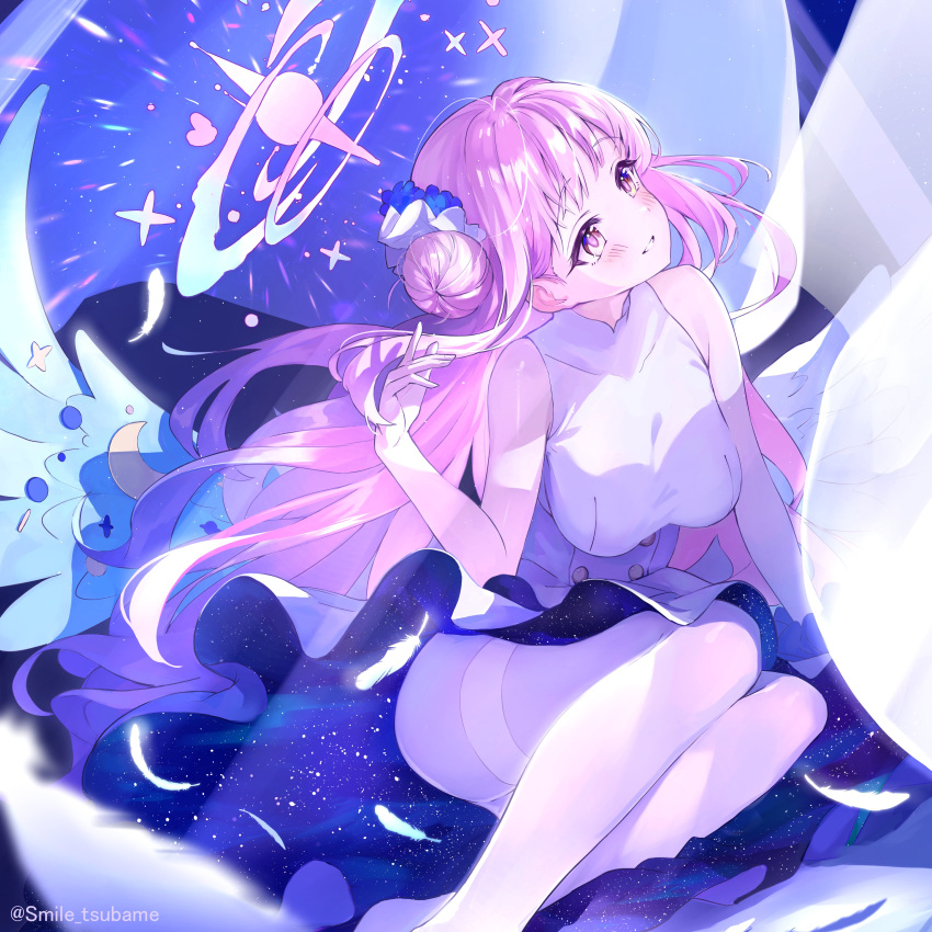 1girl absurdres angel_wings blue_archive blush commentary dress falling_feathers hair_bun hair_ornament hair_scrunchie hair_spread_out halo highres long_hair looking_afar mika_(blue_archive) pantyhose parted_lips pink_hair purple_eyes scrunchie solo tsubameno twitter_username white_dress white_pantyhose wings
