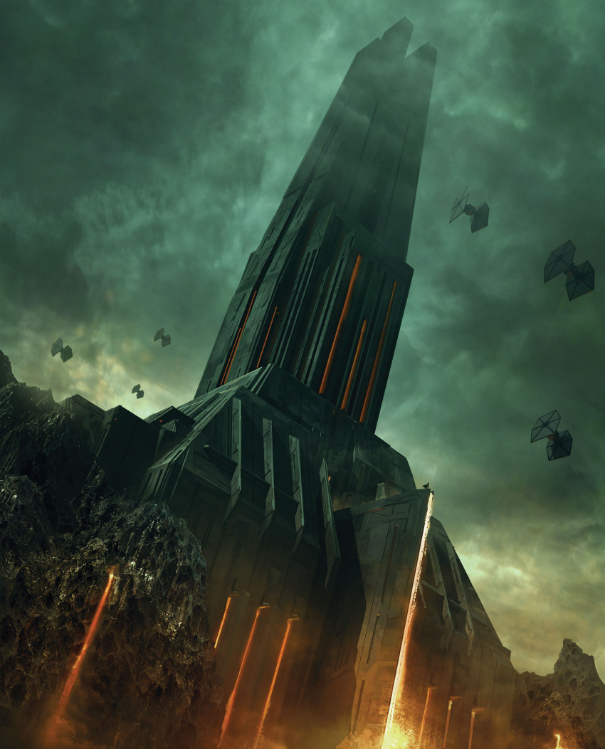 architecture black_cape building cape castle cloud cloudy_sky commentary darth_vader energy_sword english_commentary flying highres landscape lightsaber marcsimonetti molten_rock obsidian_rock red_lightsaber scenery science_fiction sky spacecraft standing standing_on_one_leg star_wars sword tie_fighter weapon