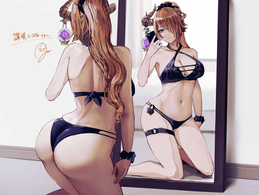 1girl ass bare_shoulders bikini black_bikini black_scrunchie blue_eyes bouzaki_nicol breasts broken_horn brown_hair criss-cross_halter demon_girl demon_horns frilled_hairband frills hairband halterneck highres horn_ornament horns indie_virtual_youtuber kneeling lock long_hair minyom mirror phone red_nails reflection scrunchie second-party_source selfie signature solo swimsuit thigh_strap wrist_scrunchie