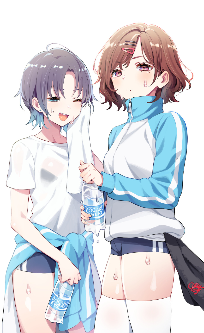 2girls absurdres asakura_toru bottle bra brown_hair closed_mouth clothes_around_waist green_eyes grey_hair highres higuchi_madoka holding holding_bottle idolmaster idolmaster_shiny_colors jacket jacket_around_waist kunikune looking_at_viewer medium_hair multiple_girls multiple_hairpins one_eye_closed open_mouth plastic_bottle pocari_sweat purple_eyes see-through shirt short_shorts short_sleeves shorts simple_background smile standing sweat t-shirt thighhighs track_jacket underwear water_bottle wet wet_clothes wet_shirt white_background white_shirt white_thighhighs wiping_face wiping_sweat