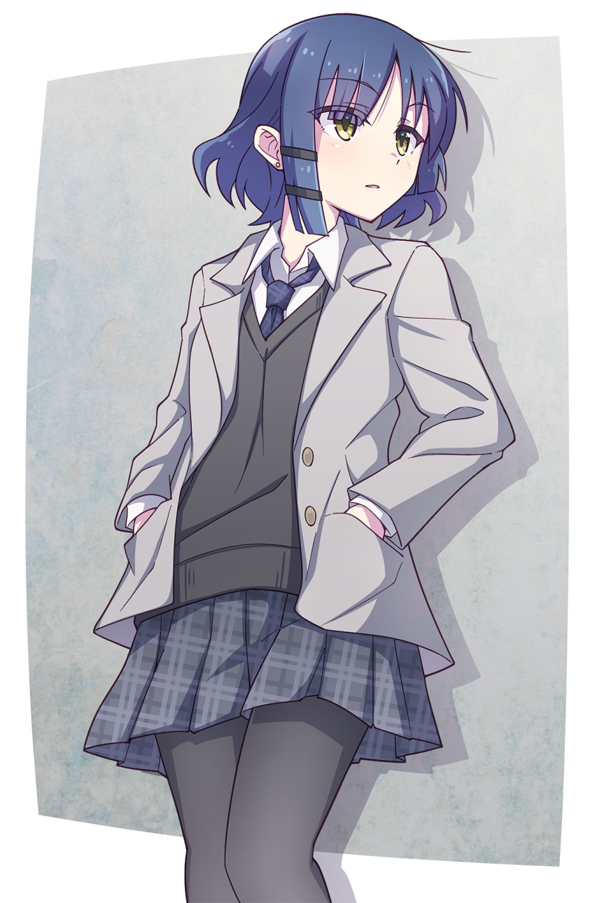 1girl alternate_costume black_pantyhose blazer blue_hair blue_necktie bocchi_the_rock! collared_shirt e20 eyes_visible_through_hair green_eyes grey_jacket grey_skirt hair_ornament hairclip hands_in_pockets highres jacket long_sleeves looking_away looking_to_the_side necktie open_clothes open_jacket pantyhose parted_lips plaid plaid_necktie plaid_skirt pleated_skirt school_uniform shirt sidelocks skirt solo sweater_vest white_shirt yamada_ryou