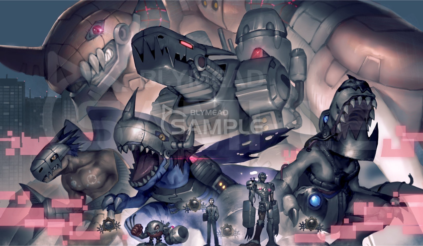 1boy andromon arm_mounted_weapon blue_eyes blue_hair blue_skin blue_wings bly_mead brown_eyes building character_request clenched_hand clenched_teeth colored_skin digimon digimon_(creature) dinosaur glasses glowing glowing_eyes grey_jacket grey_pants grey_skin grin highres jacket megadramon metalgreymon metalmamemon mugendramon open_mouth pants red_eyes red_hair sample_watermark sharp_teeth shoes smile standing teeth torn_wings wings