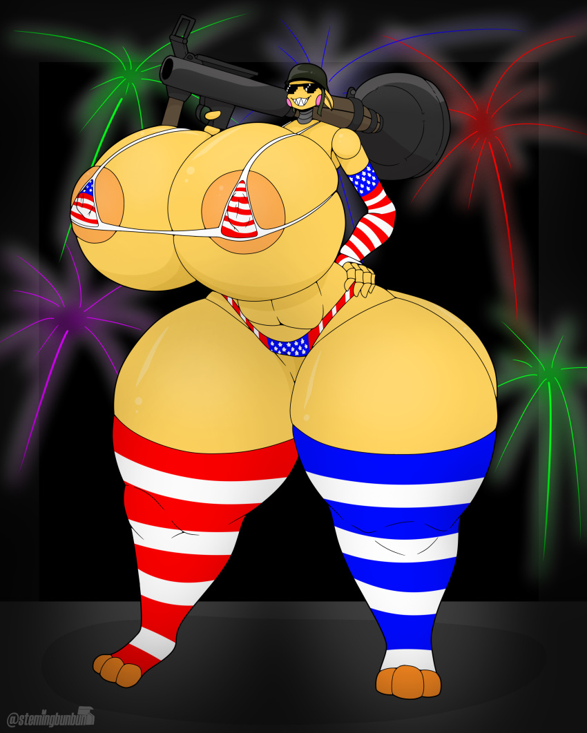 4th_of_july absurd_res animatronic anthro areola armor avian big_breasts bikini bird breasts chicken clothing eyewear female fireworks five_nights_at_freddy's five_nights_at_freddy's_2 galliform gallus_(genus) gloves handwear headgear helmet hi_res huge_breasts huge_hips huge_thighs hyper hyper_breasts legwear machine non-mammal_breasts orange_areola phasianid ranged_weapon robot rocket_launcher scottgames smile solo stars_and_stripes stemingbunbun sunglasses swimwear thick_thighs thigh_highs toy_chica_(fnaf) united_states_of_america weapon wide_hips yellow_body