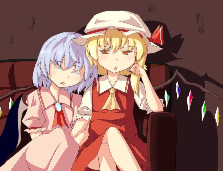 2girls aqua_brooch ascot bat_wings blonde_hair breasts brooch brown_background closed_mouth collarbone couch crossed_legs crystal flandre_scarlet frilled_sleeves frills hand_on_own_cheek hand_on_own_face hat hat_ribbon highres indoors jewelry looking_at_viewer medium_hair mob_cap multicolored_wings multiple_girls no_headwear on_couch open_mouth otokichi-wo pink_shirt pink_skirt puffy_short_sleeves puffy_sleeves purple_hair red_ascot red_eyes red_ribbon red_skirt red_vest remilia_scarlet ribbon shirt short_sleeves shoulder-to-shoulder siblings simple_background sisters sitting skirt skirt_set sleeping sleeve_ribbon small_breasts touhou v-shaped_eyebrows vest white_headwear wings yellow_ascot
