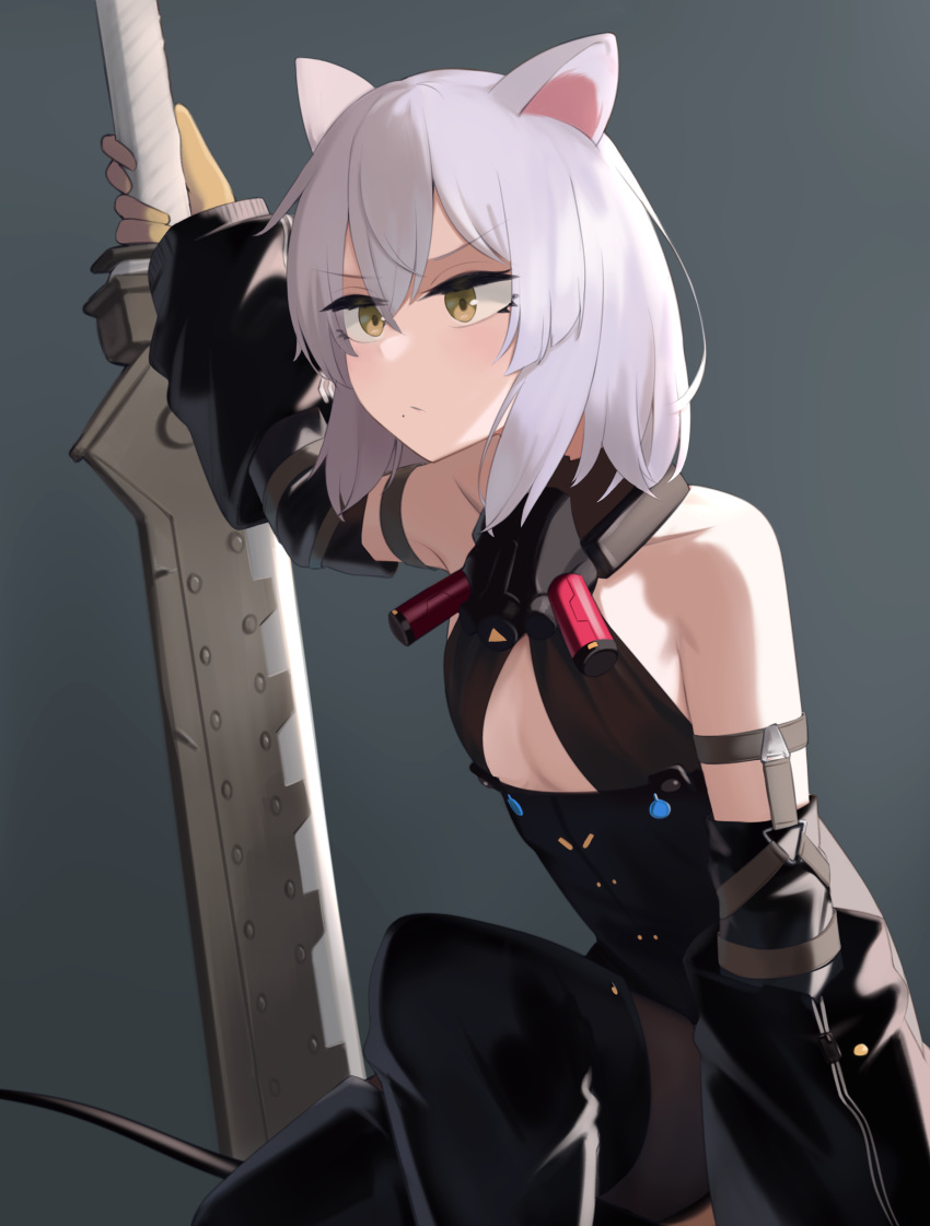 1girl absurdres animal_ear_fluff arknights bare_shoulders black_dress black_footwear black_thighhighs boots brown_eyes cleavage_cutout closed_mouth clothing_cutout detached_sleeves dress flat_chest grey_background grey_hair highres hinami047 holding holding_sword holding_weapon long_sleeves scavenger_(arknights) short_hair simple_background solo sword thigh_boots thighhighs v-shaped_eyebrows weapon