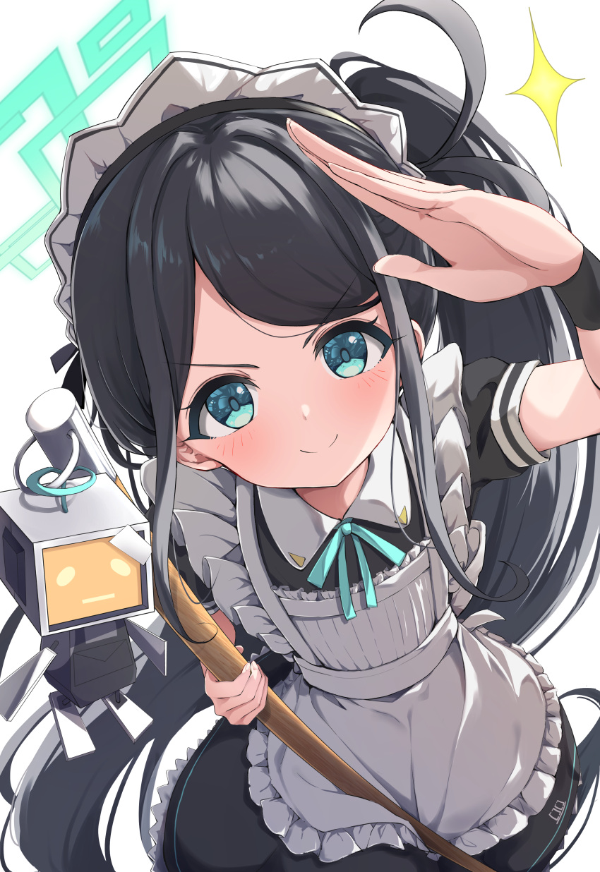 &gt;:) 1girl absurdly_long_hair absurdres apron aris_(blue_archive) aris_(maid)_(blue_archive) black_dress black_hair blue_archive blue_eyes blue_ribbon blush closed_mouth dress fumi_(fumibeing) halo highres long_hair looking_at_viewer maid maid_apron maid_headdress mop neck_ribbon official_alternate_costume parted_bangs ribbon salute short_sleeves side_ponytail smile solo swept_bangs v-shaped_eyebrows very_long_hair white_apron wrist_cuffs