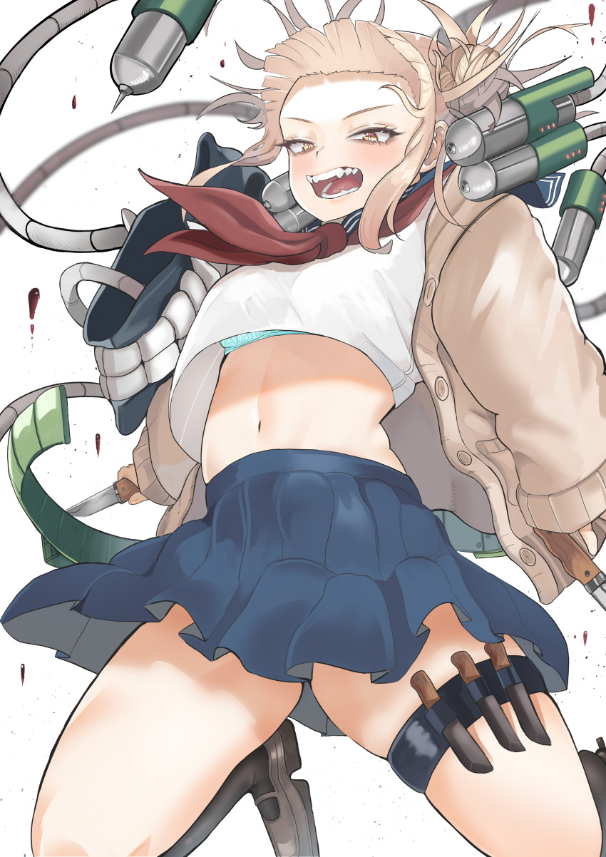 1girl absurdres bags_under_eyes black_socks blonde_hair blood blue_sailor_collar blue_skirt blunt_bangs boku_no_hero_academia bra bra_peek brown_footwear canister cardigan double_bun fangs hair_bun highres hose kneehighs knife loafers messy_hair midriff narrowed_eyes navel neckerchief open_cardigan open_clothes open_mouth pleated_skirt red_neckerchief sailor_collar school_uniform serafuku shoes sidelocks simple_background skirt slit_pupils socks solo syringe tank_(container) teeth thigh_pouch thigh_strap thighs toga_himiko underwear white_background yellow_cardigan yellow_eyes zd_(pixiv6210083)
