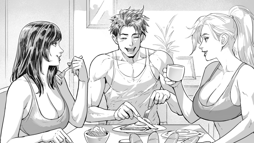 1girl 2boys bare_arms bread breasts cirenk cleavage closed_eyes commission cup eating felicia_hardy food fork fried_egg greyscale highres holding holding_cup holding_fork indoors kitchen large_breasts lips long_hair looking_at_another marvel mary_jane_watson monochrome multiple_boys open_mouth peter_parker ponytail shirt sitting sleeveless sleeveless_shirt smile spider-man_(series) table tank_top upper_body