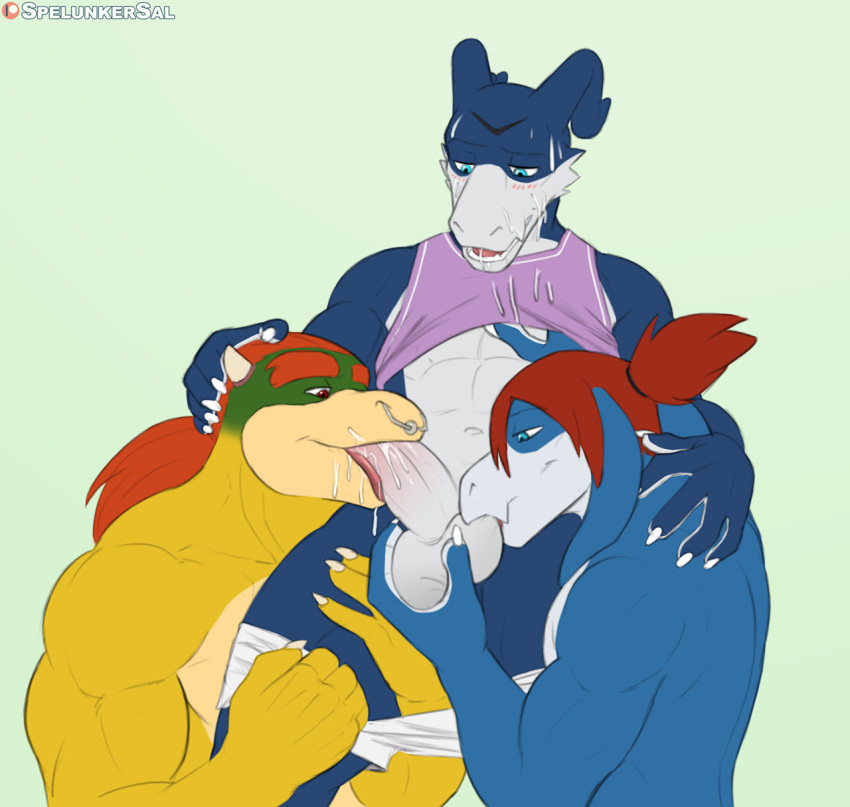 ball_fondling balls bandai_namco bowser_koopa_junior_(roommates) brother_(lore) brothers_(lore) digimon digimon_(species) fellatio flamedramon fondling genitals giancarlo_rosato group hi_res incest_(lore) koopa male male/male mario_bros nintendo oral penile penis santino_rosato scalie sex sibling_(lore) spelunker_sal strikedramon trio