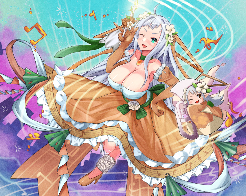 2girls :3 ashikoshi_jakushi baton_(conducting) breasts cleavage detached_sleeves dress duel_monster fairy full_body green_eyes grey_hair high_heels highres huge_breasts lasolfachord_angelia long_hair looking_at_viewer multiple_girls musical_note musical_note_print one_eye_closed orange_dress orange_eyes short_bangs smile solo_focus strapless strapless_dress very_long_hair yu-gi-oh!