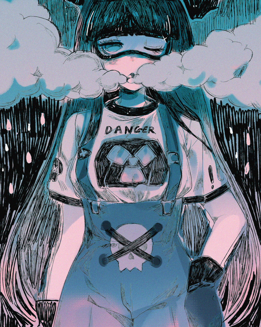 1girl blue_eyes blue_overalls blue_theme blunt_bangs cigarette cloud english_commentary eyelashes gloves goggles hand_in_pocket highres holding holding_cigarette hoshi-pan ink_(medium) inktober long_hair mouth_hold one_eye_closed original overalls partially_colored radioactive rain shirt short_sleeves smoke smoking straight-on straight_hair t-shirt traditional_media very_long_hair