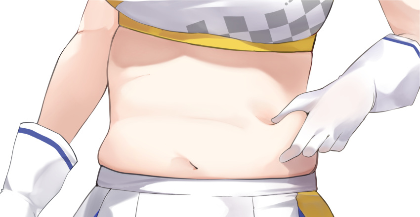 1girl belly_grab blue_archive breasts close-up commentary_request gloves highres kotori_(blue_archive) kotori_(cheer_squad)_(blue_archive) micchamu midriff millennium_cheerleader_outfit_(blue_archive) muffin_top navel pinching pleated_skirt simple_background skirt solo white_background white_gloves white_skirt