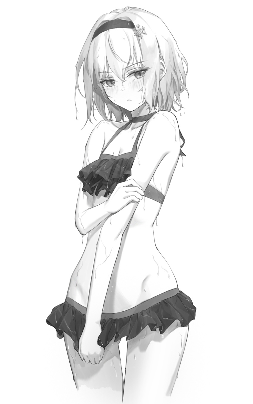 1girl bikini blush breasts cropped_legs frilled_bikini frills greyscale hair_between_eyes hair_ornament hairband highres looking_at_viewer monochrome ryuuou_no_oshigoto! short_hair sketch small_breasts snowflake_hair_ornament sora_ginko swimsuit vivid507 wet white_background