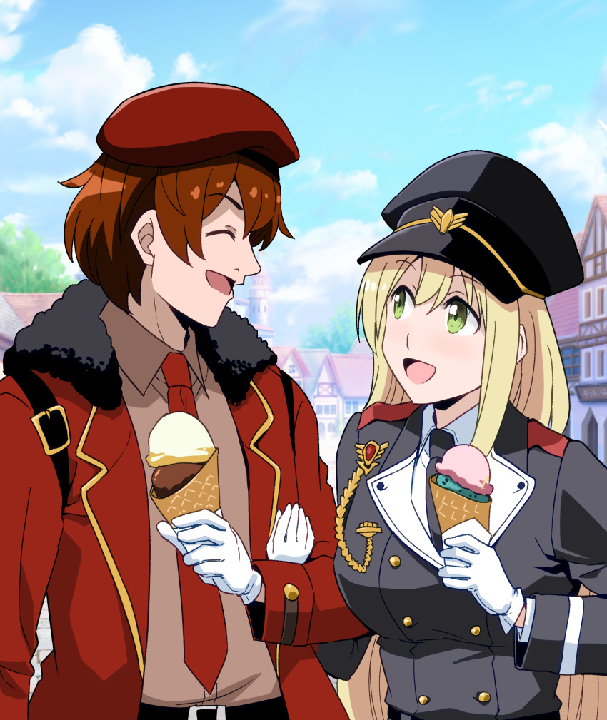 1boy 1girl beret blonde_hair brown_hair commander_(girls'_frontline) commission commissioner_upload food girls'_frontline gloves green_eyes hat highres ice_cream jacket laughing long_hair military_hat military_uniform necktie ponzu_rui red_jacket skeb_commission smile stg44_(girls'_frontline) town uniform white_gloves