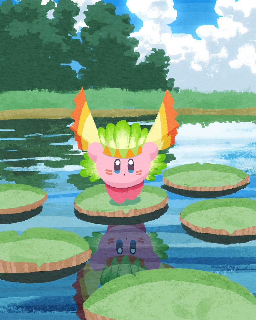 blue_eyes cloud copy_ability facepaint feathers green_feathers highres kirby kirby_(series) lake lily_pad miclot no_humans open_mouth outdoors pink_footwear reflection reflective_water scenery shoes sky standing tree water wing_kirby wings