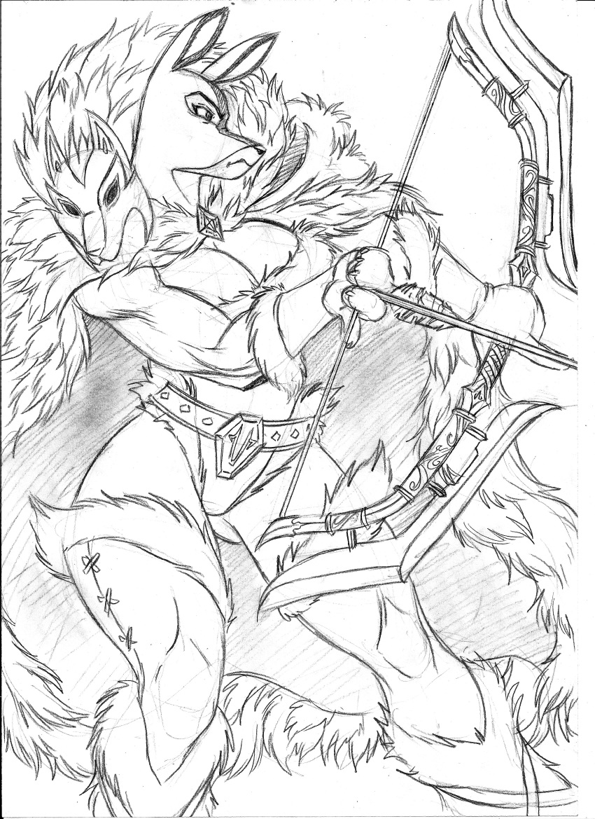 2023 absurd_res angry anthro arrow_(weapon) belt big_breasts bow_(weapon) breasts chochi cleavage cloak clothed clothing deer female fur_cloak gloves graphite_(artwork) greyscale handwear hi_res hunter legwear mammal monochrome pencil_(artwork) ranged_weapon sketch solo thigh_highs traditional_media_(artwork) weapon