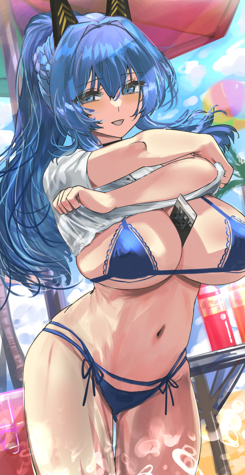1girl absurdres arms_up between_breasts bikini blue_bikini blue_eyes blue_hair blue_sky bottle breasts card card_between_breasts clothes_lift cowboy_shot crossed_arms day goddess_of_victory:_nikke hair_between_eyes helm_(aqua_marine)_(nikke) helm_(nikke) high_ponytail highres large_breasts lifted_by_self long_hair navel nuo_(fttv3255) outdoors shirt_lift sky solo stomach swimsuit very_long_hair