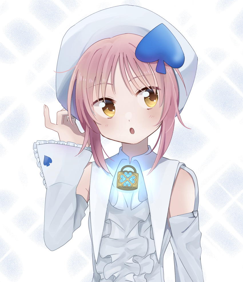 1girl amulet_spade blue_headwear blue_shirt blush detached_sleeves facing_viewer hair_ornament highres hinamori_amu humpty_lock_(shugo_chara!) light_blue_background long_sleeves looking_to_the_side multicolored_background open_mouth orange_eyes pink_hair shirt short_hair shugo_chara! solo spade_hair_ornament suteneko_gohan white_background