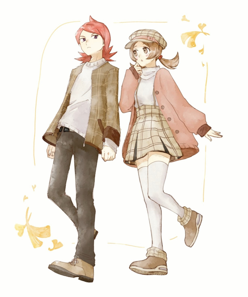 1boy 1girl alternate_costume asuka_rkgk belt black_belt blush brown_eyes brown_footwear brown_hair brown_jacket buttons commentary cowlick hand_up hat highres jacket long_sleeves looking_down lyra_(pokemon) open_clothes open_jacket pants pokemon pokemon_(game) pokemon_hgss shoes silver_(pokemon) skirt symbol-only_commentary thighhighs twintails white_background white_thighhighs