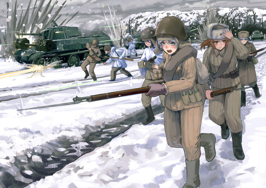 302nd_rifle_division_(soviet_union) 4girls absurdres battle bayonet boots bt-7 combat_helmet explosion fur_hat gun hat helmet highres military_uniform military_vehicle motor_vehicle mountain multiple_girls original ppsh-41 snow soviet_army submachine_gun tank tree tuziki_sang uniform ushanka weapon world_war_ii